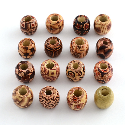 Barrel Printed Natural Wood Large Hole Beads, Macrame Beads, 16~17x15~16mm, Hole: 6~7mm, about 665pcs/1000g