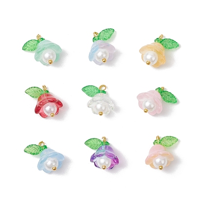 Стеклянные подвески, цветок, с акриловыми и пластиковыми бусинами, имитирующими жемчуг, и золотистой латунной петлей