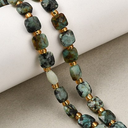 Natural African Turquoise(Jasper) Beads Strands, Faceted Square, with Seed Beads