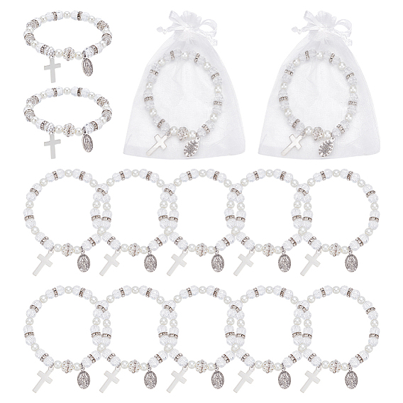 60шт. браслеты с подвесками из сплава, браслеты из стеклянного жемчуга и стеклянных бусин, овальный и крест, с подарочными пакетами из органзы