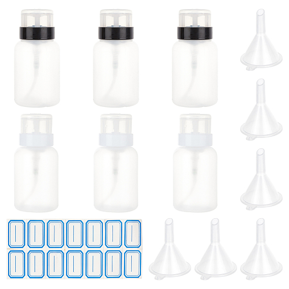 Empty Plastic Press Pump, Nail Polish Remover Clean Liquid Water Storage Bottle, with Plastic Funnel Hopper and Label Paster