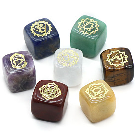 Natural Gemstone 7 Chakra Healing Stone Set, Cube-Shaped with Engraved Symbols, for Reiki meditation Wicca Power Balancing