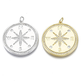 Brass Micro Pave Cubic Zirconia Pendants, Nickel Free, with Jump Rings, Flat Round with Compass, Clear