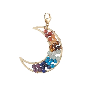 Natural/Synthetic Gemstone Bead Pendant Decorations, 304 Stainless Steel Lobster Claw Clasps and Moon Brass Charms