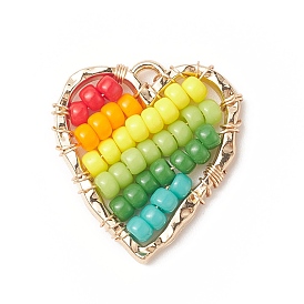 Glass Seed Beaded Pendants, with Golden Alloy Finding, Heart Charms
