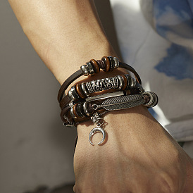Retro Leather Feather Bracelet Set for Men with Crossed Weave Braided Rope