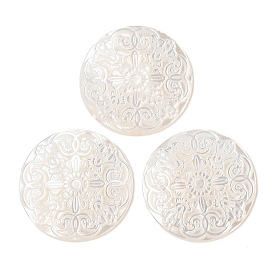 Natural White Shell Cabochons, Flat Round with Carved Flower
