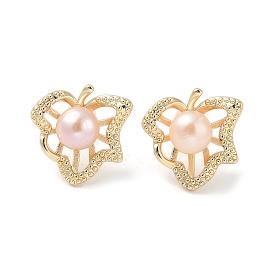 Natural Pearl Ear Studs, with Brass Findings and 925 Sterling Silver Pins, Leaf