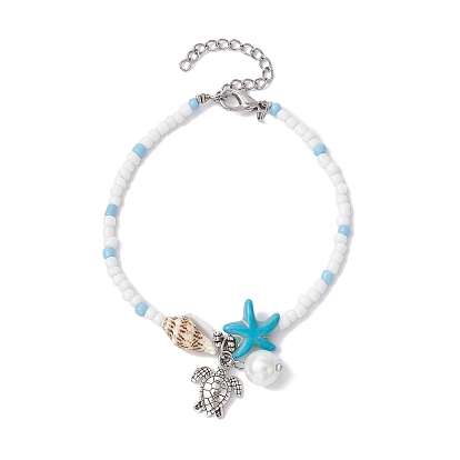 Tibetan Style Zinc Alloy Tortoise Charm Bracelet, with Natural Shell & Synthetic Turquoise Starfish & Seed Beaded Chains