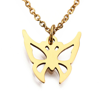 201 Stainless Steel Pendant Necklaces, with Cable Chains and Lobster Claw Clasps, Butterfly