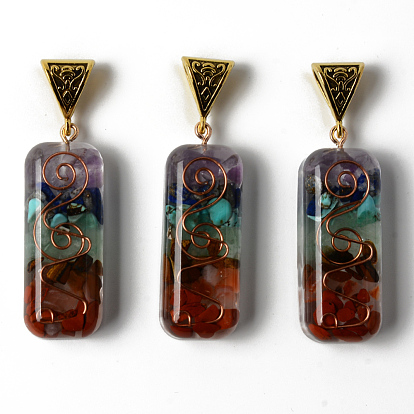 Rectangle Epoxy Resin Big Pendants, with Natural Amethyst & Lapis Lazuli & Sodalite & Green Aventurine & Tiger Eye & Carnelian & Red Jasper Chips inside, and Iron Wire, Alloy Bails