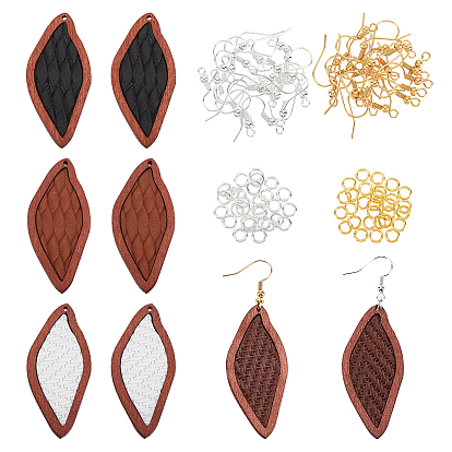DIY Twist Rhombus Dangle Earring Making Kit, Including Cowhide Leather Pendants with Wood, Brass Earring Hooks