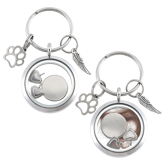 2pcs 304 porte-clés en acier inoxydable, rond plat avec un cœur, une empreinte de patte et une aile, avec des bagues