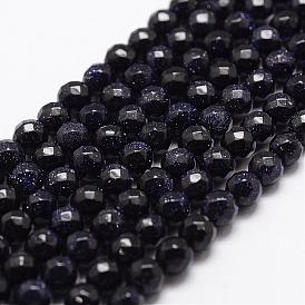 Synthetic Blue Goldstone Beads Strands, Faceted, Round