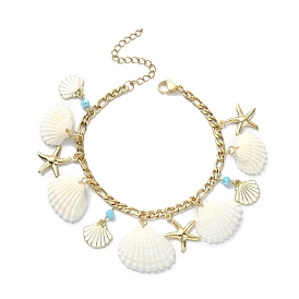Natural Shell & 304 Stainless Steel Starfish & Alloy Enamel Charm Bracelet, with Figaro Chains