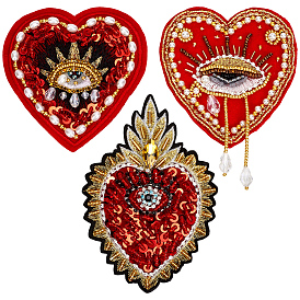 3 piezas 3 estilos corazón con ojo parches de poliéster para coser, bordado de apliques, con perlas de vidrio