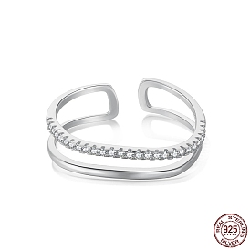 925 Sterling Silver Double Layer Open Cuff Ring with Cubic Zirconia, with S925 Stamp