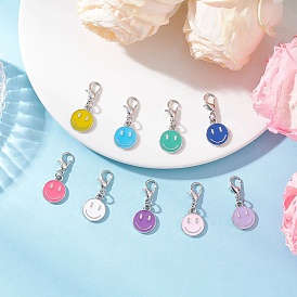 9Шт подвесные украшения из сплава эмали, Сплав с застежками когтя омара, плоские круглые с улыбающееся лицо