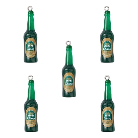 Transparent Resin Pendants, with Stickers and Platinum Tone Iron Loops, Mini Beer Bottle Charms