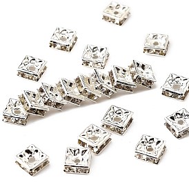 Brass Rhinestone Spacer Beads, Grade A, Square, Nickel Free, White, Silver Color Plated