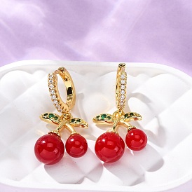 Латунные микро проложить серьги обруча кубического циркония, вишня, с ABS имитации жемчуга, без кадмия и без свинца, стойки покрытие, долговечный