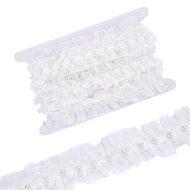 4Yards Polyester Wrinkle Gauze Ribbon, Lace Trim, with Plastic Pearl, Clothes Accessories