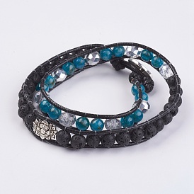 Bracelet en pierre naturelle et pierre de lave, avec perles de lotus de style tibétain et verre, deux boucles