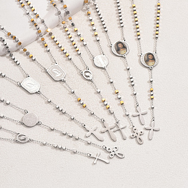 201 шарик ожерелья из нержавеющей стали четки, портрет кисточка крест ожерелье винтаж панк мода женские y ожерелья, серебро 