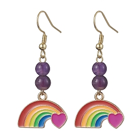 Rainbow Alloy Enamel & Natural Amethyst Dangle Earrings for Women, Colorful