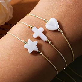 3Pcs Classic Cross & Heart & Star Shell Braided Beaded Bracelet Sets