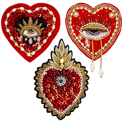 3 piezas 3 estilos corazón con ojo parches de poliéster para coser, bordado de apliques, con perlas de vidrio