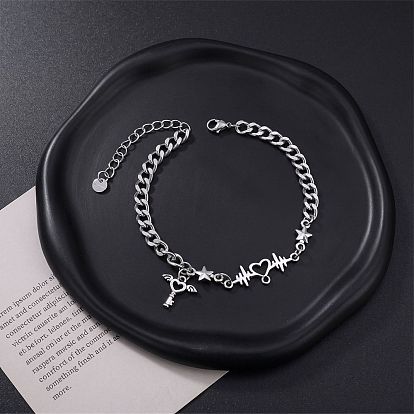 201 Pulseras de acero inoxidable con dije de llave de corazón y alas de ángel para hombres y mujeres, libre de deslustre