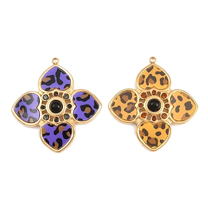 304 Stainless Steel & Resin & Natural Obsidian & Rhinestone Pendants, Flower with Leopard Print Charms, Ion Plating(IP), Long-Lasting Plated