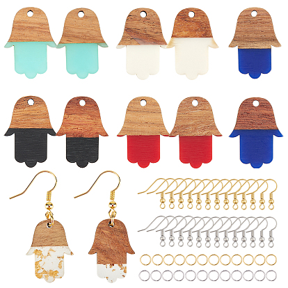 Kits de fabrication de boucles d'oreilles bricolage, y compris les pendentifs en résine et en bois, crochets et anneaux de saut en laiton, main / main de fatima / main de miriam
