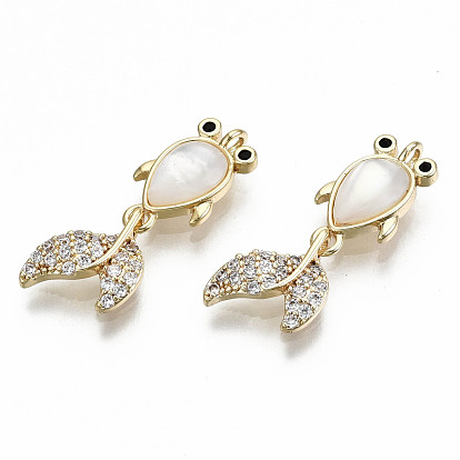 Brass Micro Pave Clear Cubic Zirconia Pendants, with Cat Eye, Nickel Free, Goldfish