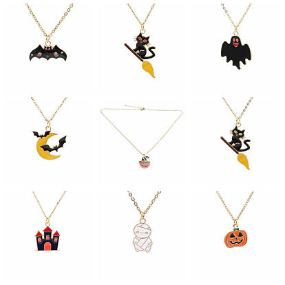 Spooky Bat Pumpkin Castle Pendant Necklace - Alloy Halloween Jewelry