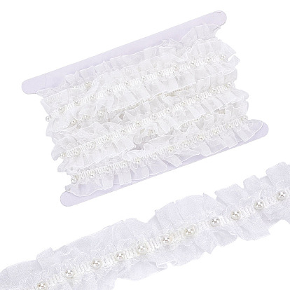 4Yards Polyester Wrinkle Gauze Ribbon, Lace Trim, with Plastic Pearl, Clothes Accessories