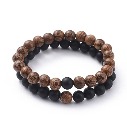 Unisex Stretch Bracelet Sets, with Frosted Natural Black Agate(Dyed) Beads and Wood Beads, Round