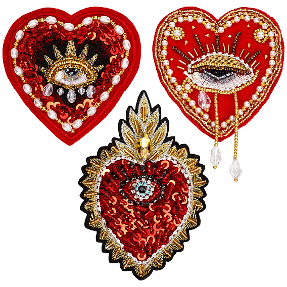 3Pcs 3 Styles Heart with Eye Polyester Sew on Patches, Applique Embroidery, with Glass Beads