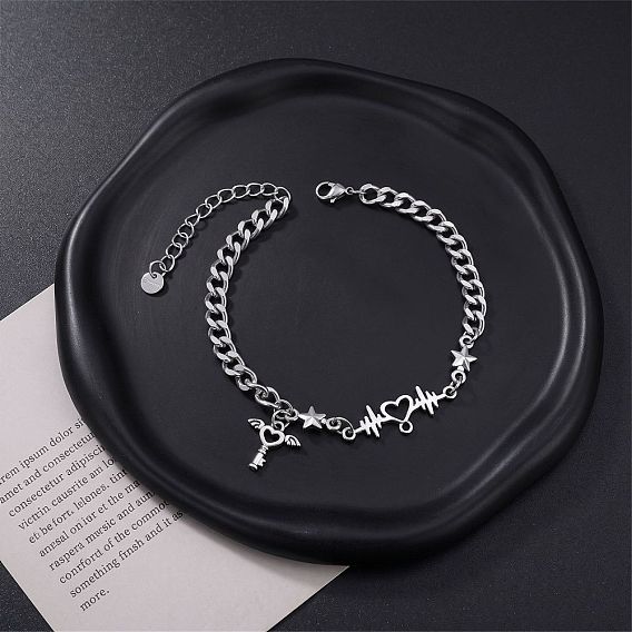201 Stainless Steel Heart Key with Angel Wings Charm Bracelets for Men Women, Tarnish Free