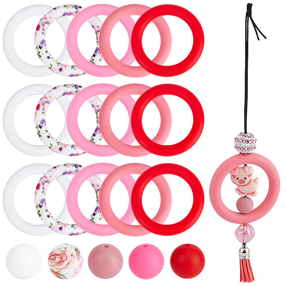 10Pcs 5 Colors Silicone Beads, Ring, with 30Pcs 5 Colors Round Silicone Beads