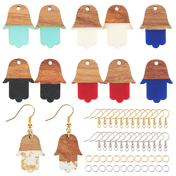 DIY Dangle Earring Making Kits, Including Resin & Wood Pendants, Brass Earring Hooks & Jump Rings, Hand/Hand of Fatima/Hand of Miriam