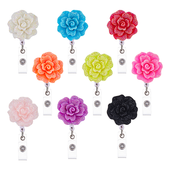 9Pcs Resin Rose Flower Badge Reels, with Plastic Retractable Badge Holder, Platinum