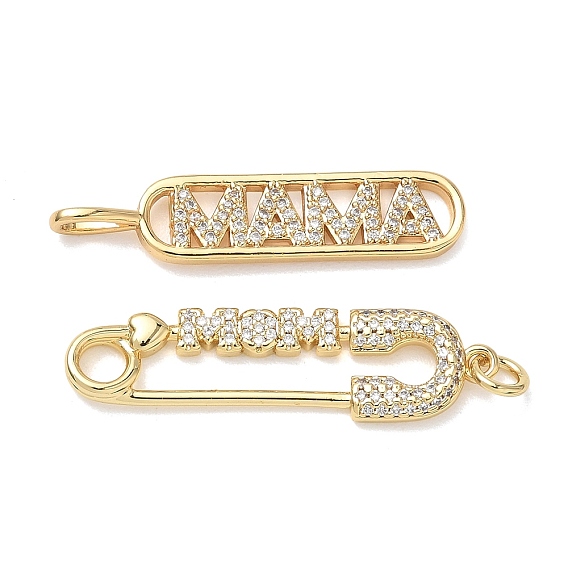 Mother's Day Brass Micro Pave Clear Cubic Zirconia Pendants, Oval/Paper Clip Charms