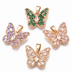 Brass Micro Cubic Zirconia Pendants, Cadmium Free & Nickel Free & Lead Free, Long-Lasting Plated, with Snap on Bails, Light Gold, Butterfly