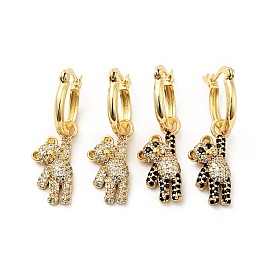 Cubic Zirconia Bear Dangle Hoop Earrings, Real 18K Gold Plated Brass Jewelry for Women