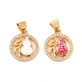 Natural Shell Pendants, with Clear Cubic Zirconia and Golden Brass Findings, Flat Round with Calabash