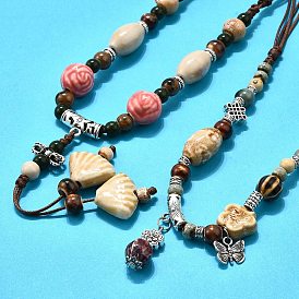 Этнический стиль сплав и фарфор керамические бусины подвеска кисточка и ожерелья, регулируемые вощеные ожерелья