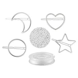 DIY Imitation Pearl Hair Barrette Making Kits, 8Pcs Ring & Moon & Star & Heart Alloy Hollow Geometric Hair Pins, 600Pcs ABS Plastic Round Beads, Flat Elastic Crystal String