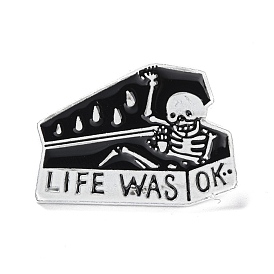 Coffin with Skull Enamel Pin for Halloween, Word Life Was Ok Alloy Badge for Backpack Clothing, Electrophoresis Black